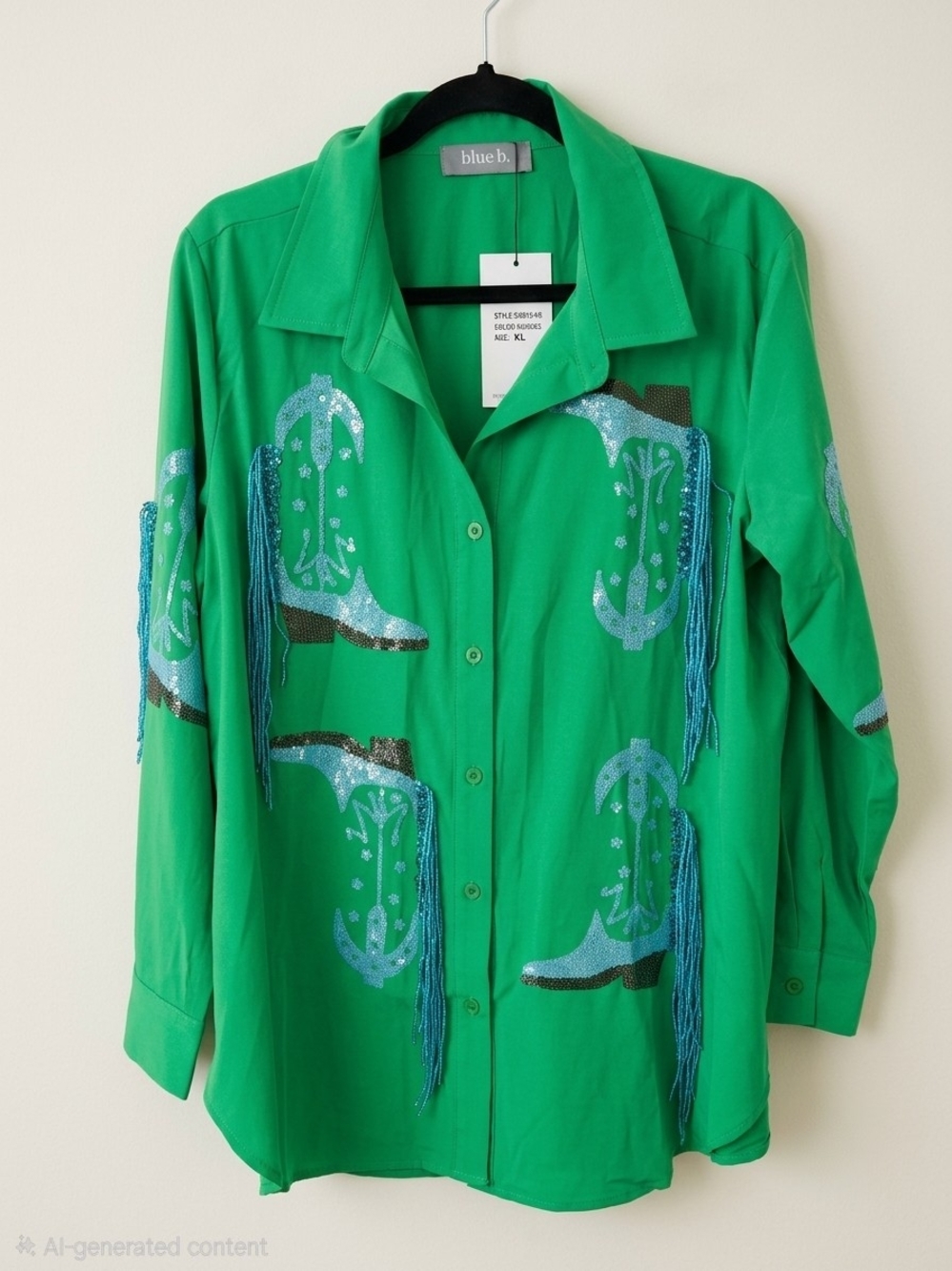 Blue B NWT Sequin Cowboy Boot Fringe Western Button Down Shirt Kelly Green XL